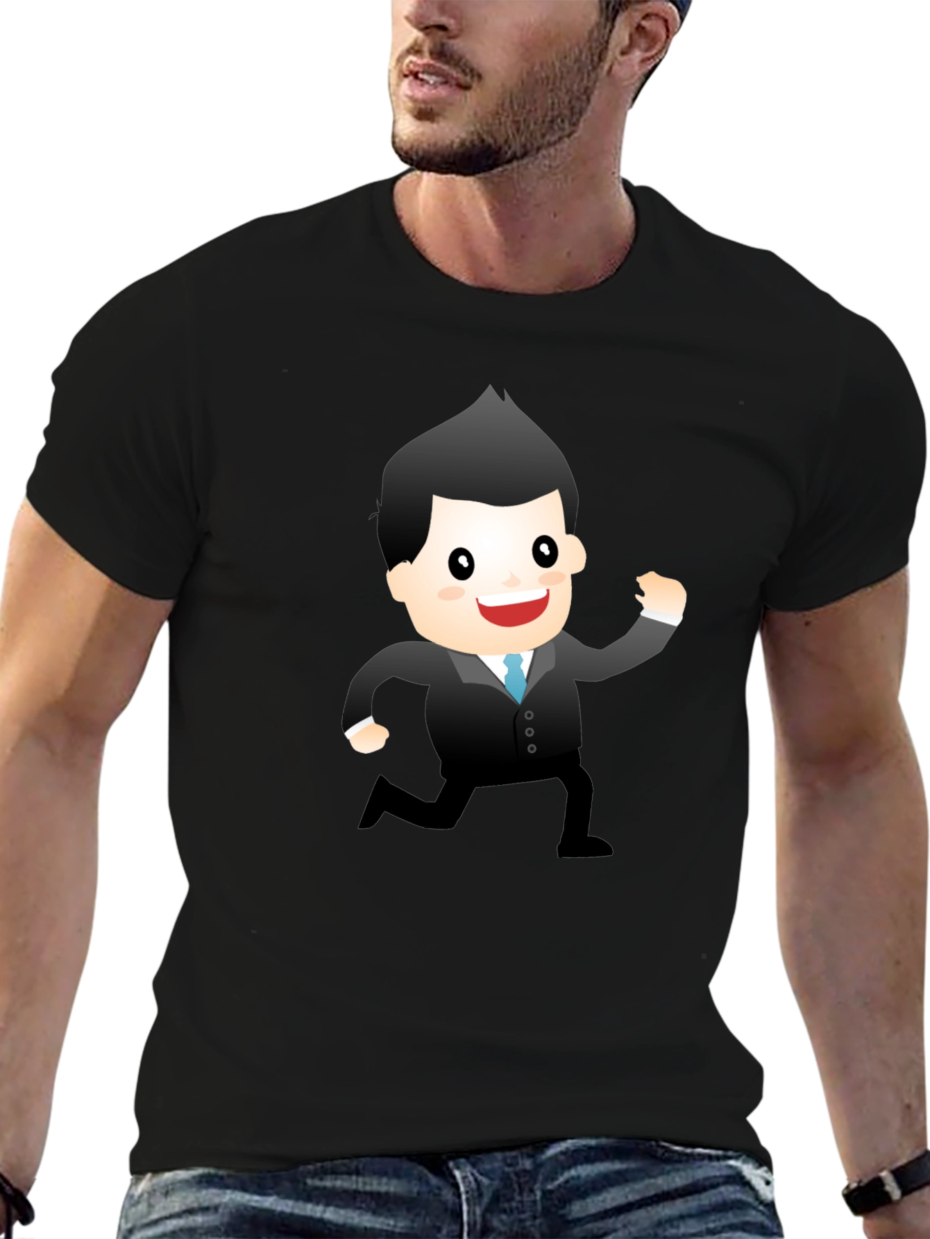 Cartoon Businessman Graphic Tee - Black T-Shirt
