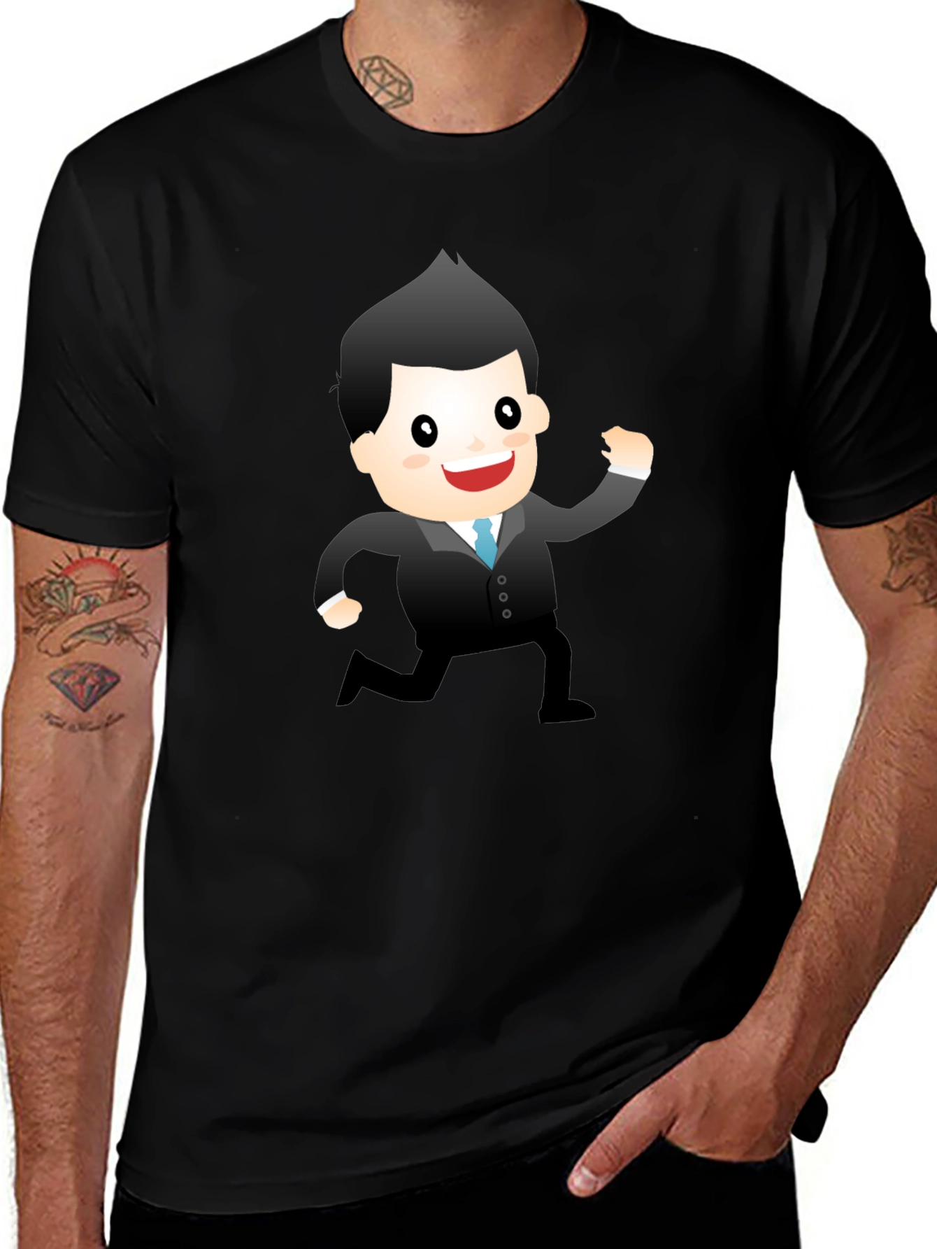 Cartoon Businessman Graphic Tee - Black T-Shirt