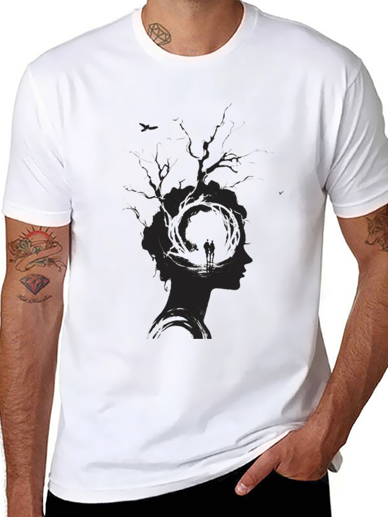 Unique Tree Silhouette Graphic Print Black T-Shirt