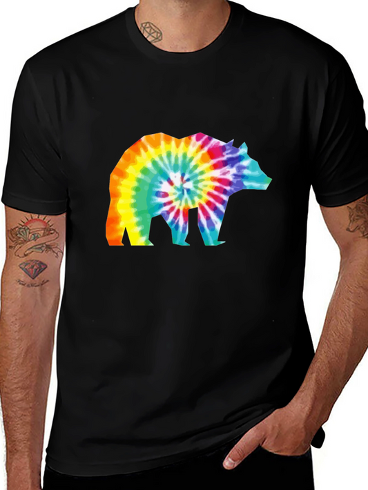 Tie-Dye Bear Graphic T-Shirt - Black Cotton Tee