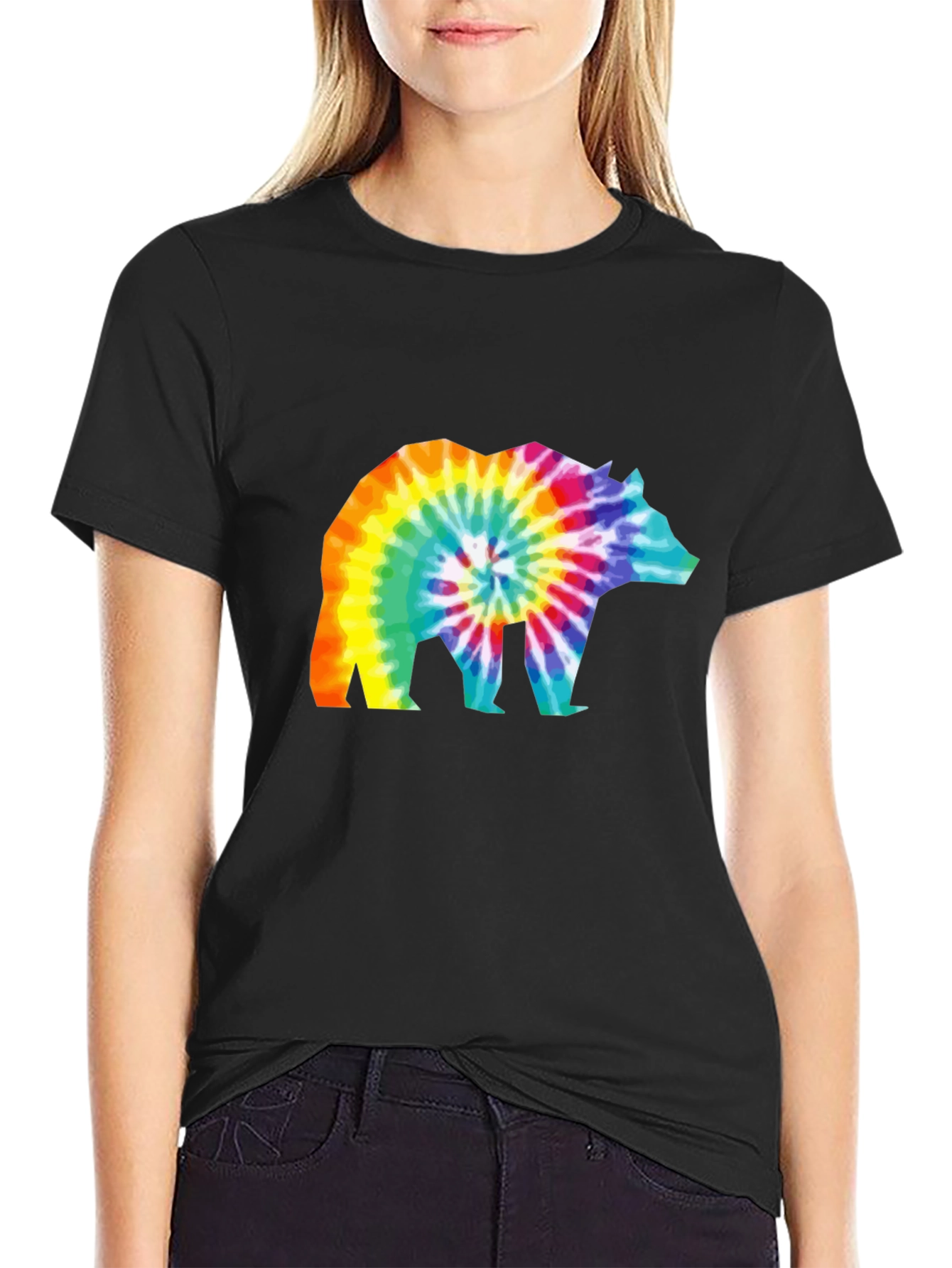 Tie-Dye Bear Graphic T-Shirt - Black Cotton Tee