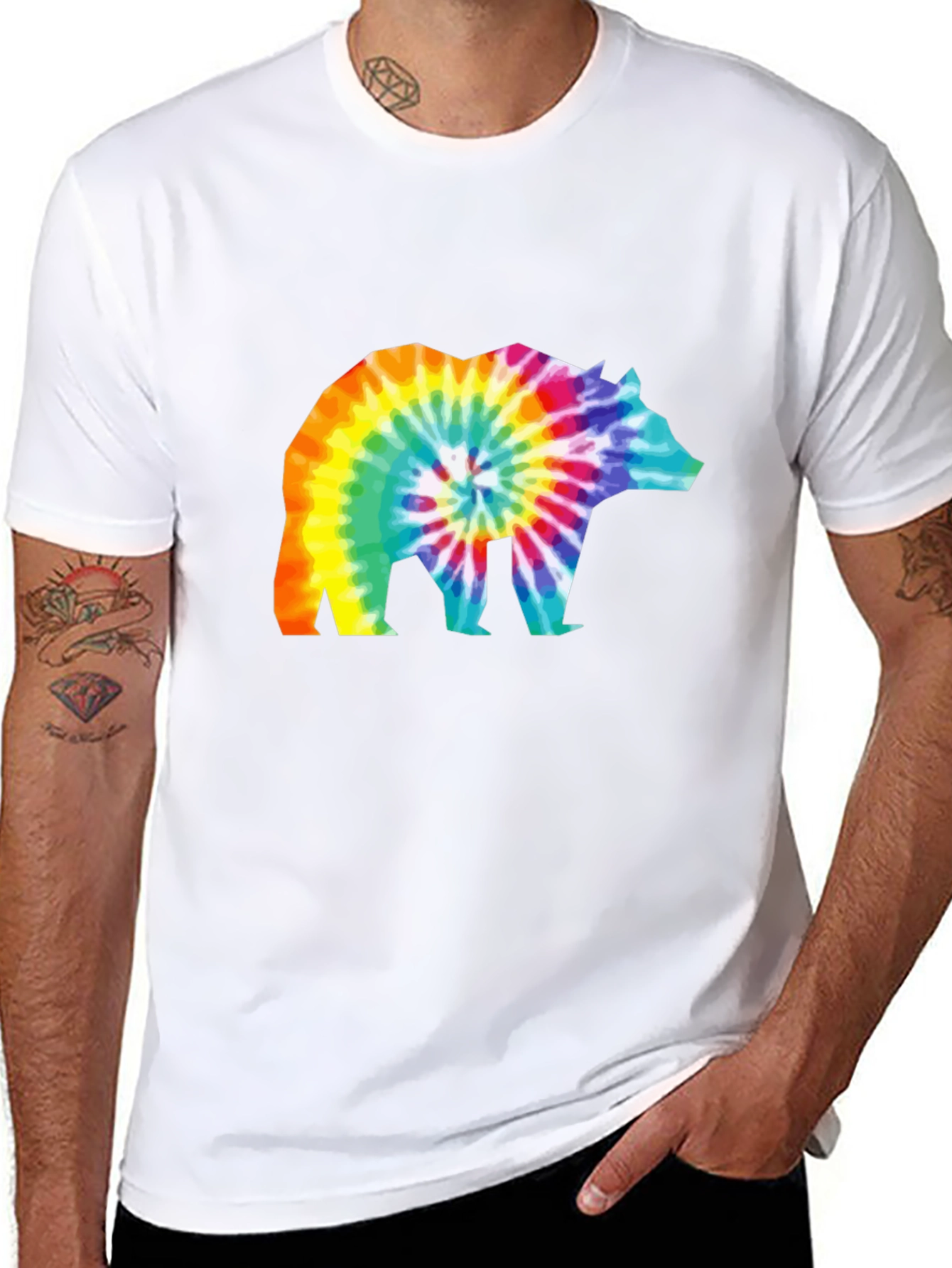 Tie-Dye Bear Graphic T-Shirt - Black Cotton Tee