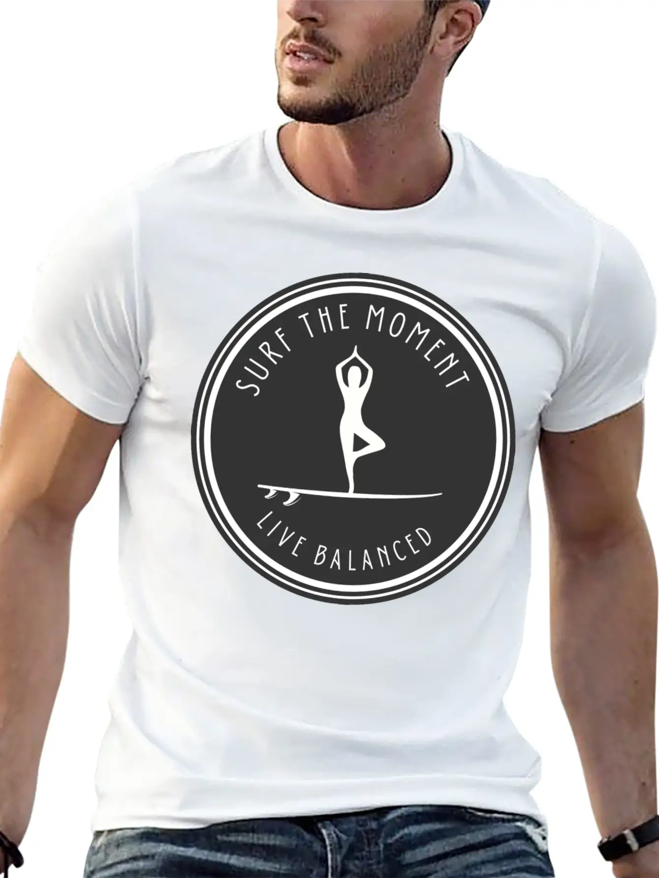 Yoga Pose On Surfboard Surf The Moment, Live Unisex Short Sleeve Soft Cotton T-Shirt – Casual Everyday Wear