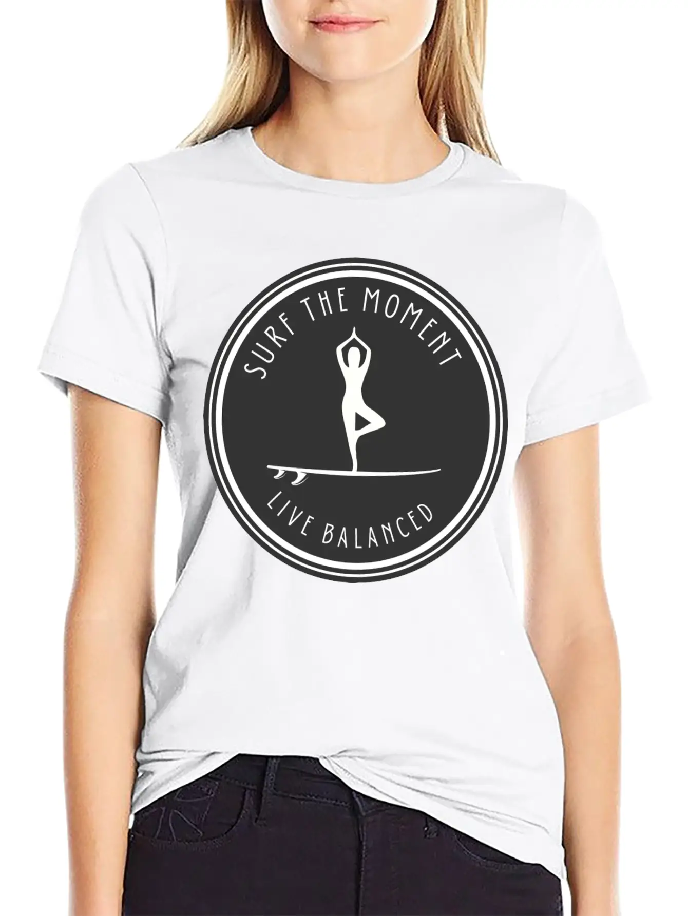 Yoga Pose On Surfboard Surf The Moment, Live Unisex Short Sleeve Soft Cotton T-Shirt – Casual Everyday Wear