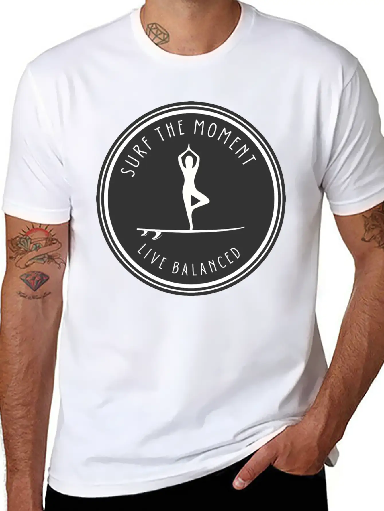 Yoga Pose On Surfboard Surf The Moment, Live Unisex Short Sleeve Soft Cotton T-Shirt – Casual Everyday Wear