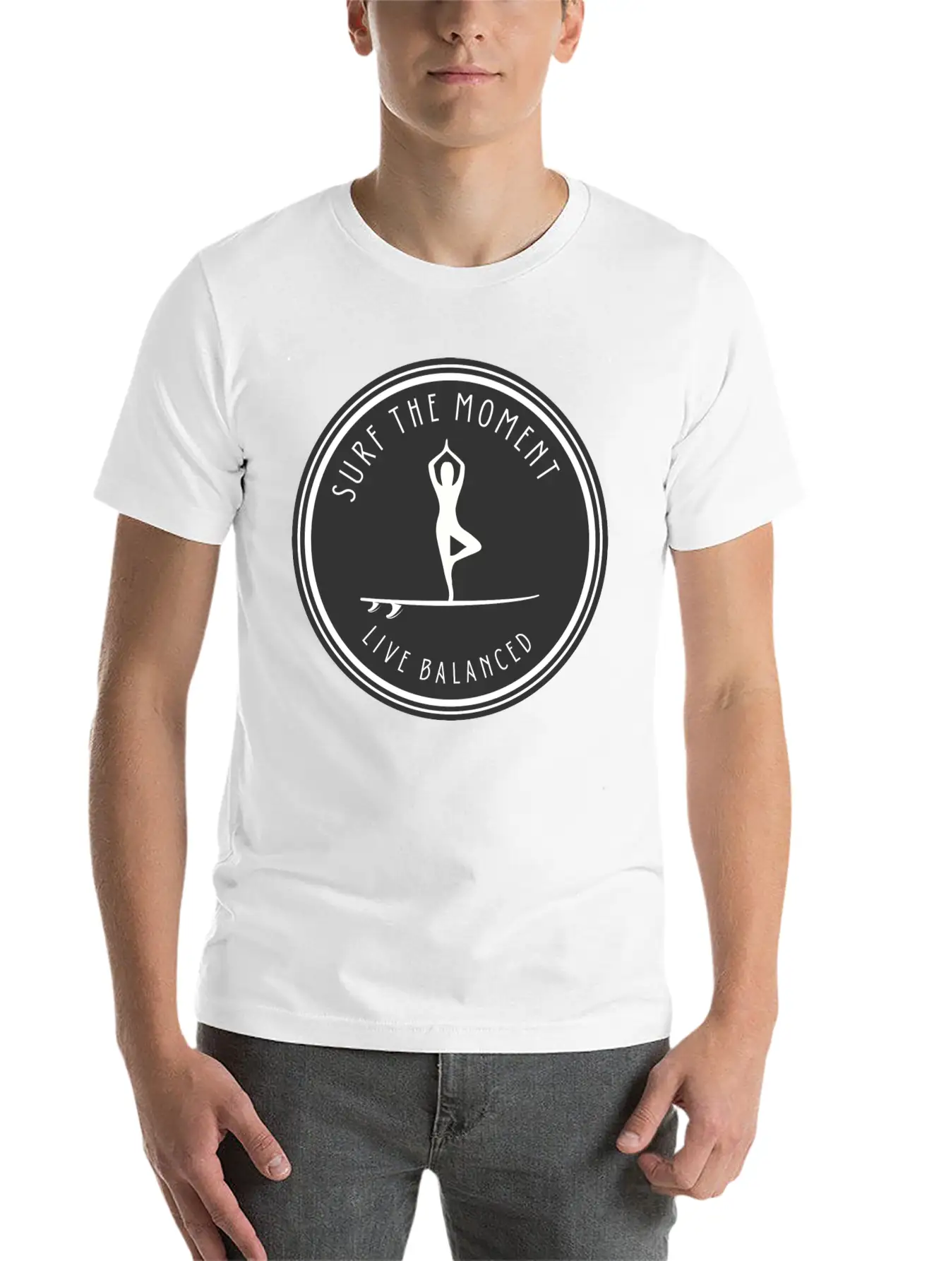 Yoga Pose On Surfboard Surf The Moment, Live Unisex Short Sleeve Soft Cotton T-Shirt – Casual Everyday Wear