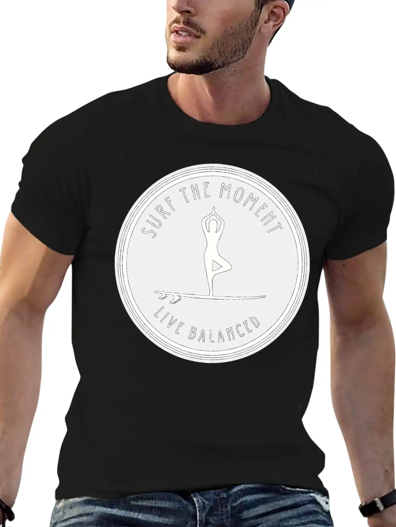 Yoga Pose On Surfboard Surf The Moment, Live Unisex Short Sleeve Soft Cotton T-Shirt – Casual Everyday Wear