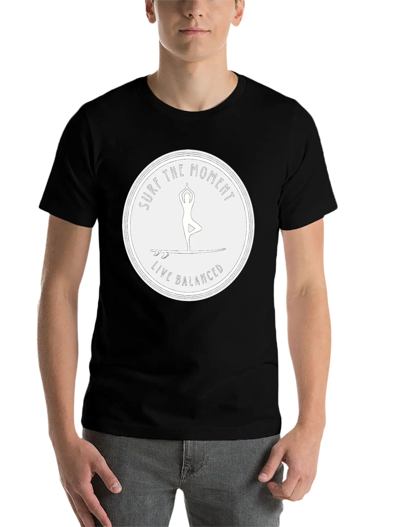 Yoga Pose On Surfboard Surf The Moment, Live Unisex Short Sleeve Soft Cotton T-Shirt – Casual Everyday Wear