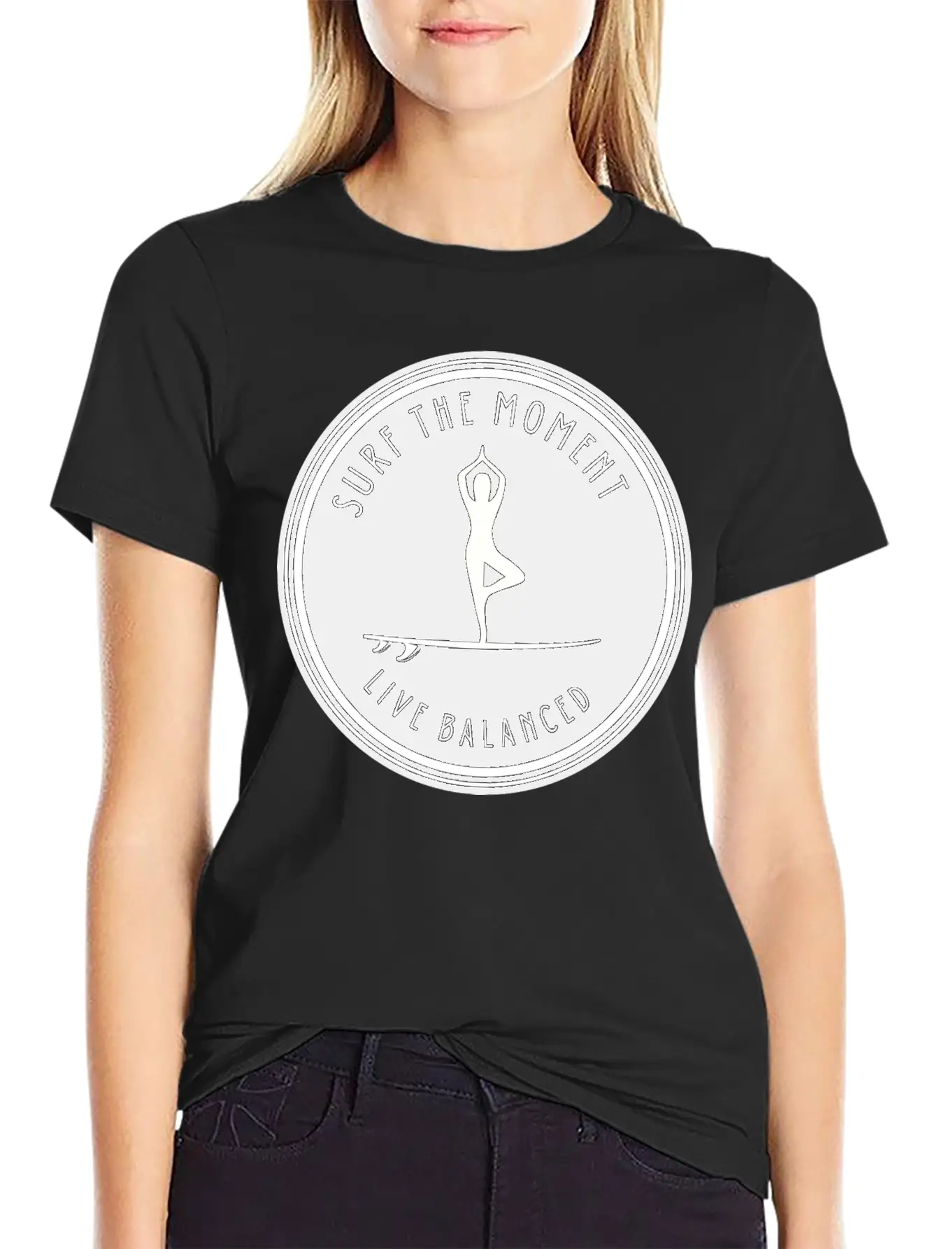 Yoga Pose On Surfboard Surf The Moment, Live Unisex Short Sleeve Soft Cotton T-Shirt – Casual Everyday Wear