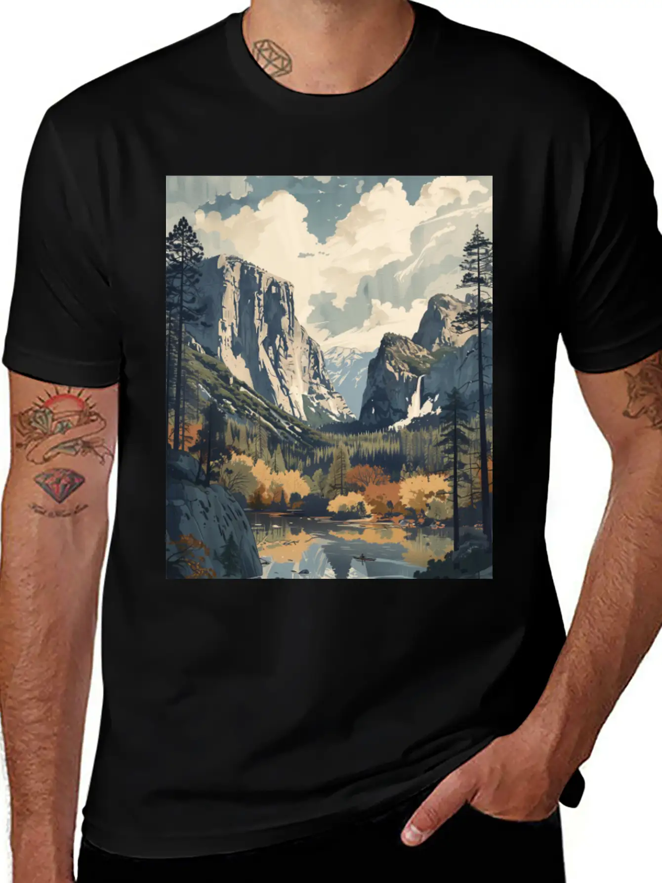 Yosemite National Park Painting Unisex Short Sleeve Soft Cotton T-Shirt – Casual Everyday Wear