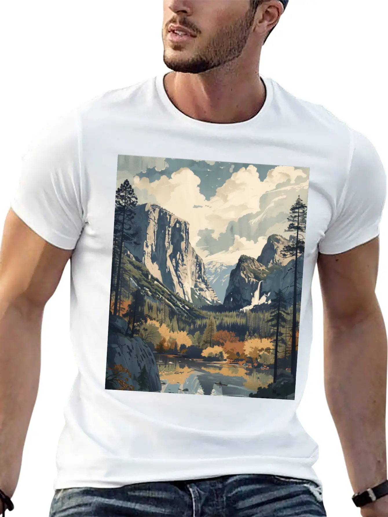 Yosemite National Park Painting Unisex Short Sleeve Soft Cotton T-Shirt – Casual Everyday Wear