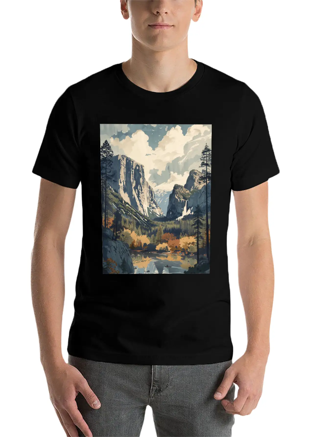 Yosemite National Park Painting Unisex Short Sleeve Soft Cotton T-Shirt – Casual Everyday Wear