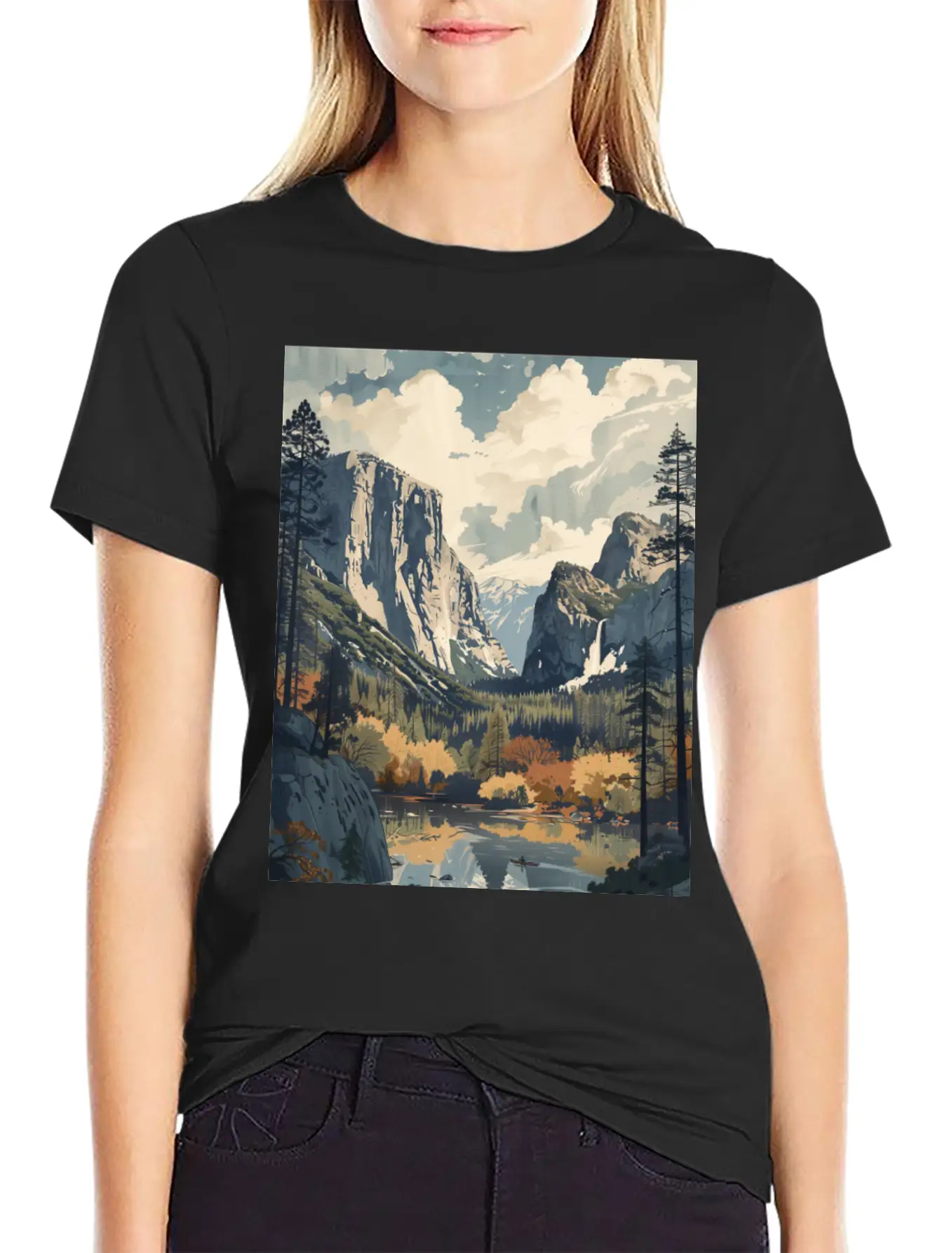 Yosemite National Park Painting Unisex Short Sleeve Soft Cotton T-Shirt – Casual Everyday Wear