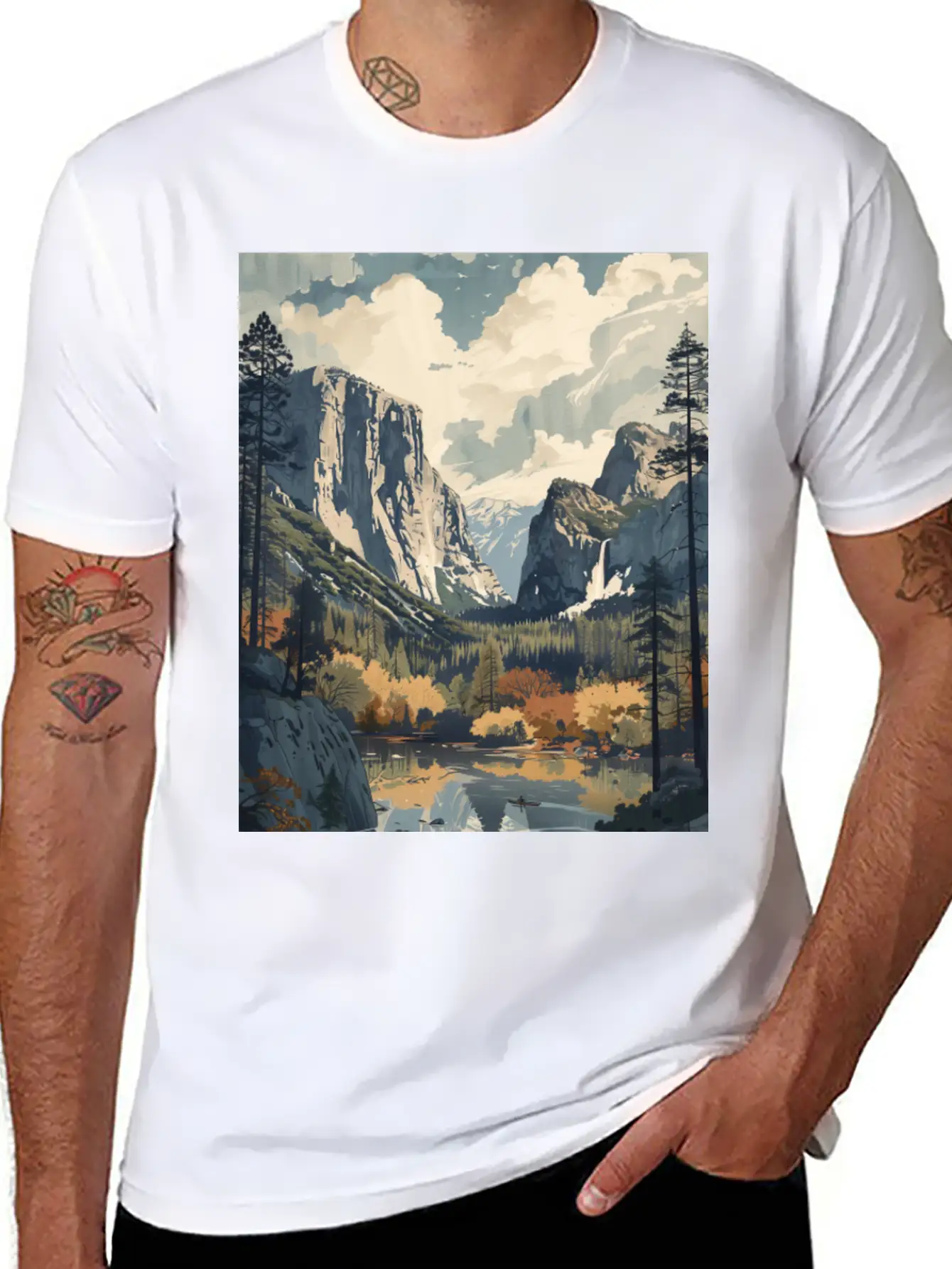 Yosemite National Park Painting Unisex Short Sleeve Soft Cotton T-Shirt – Casual Everyday Wear