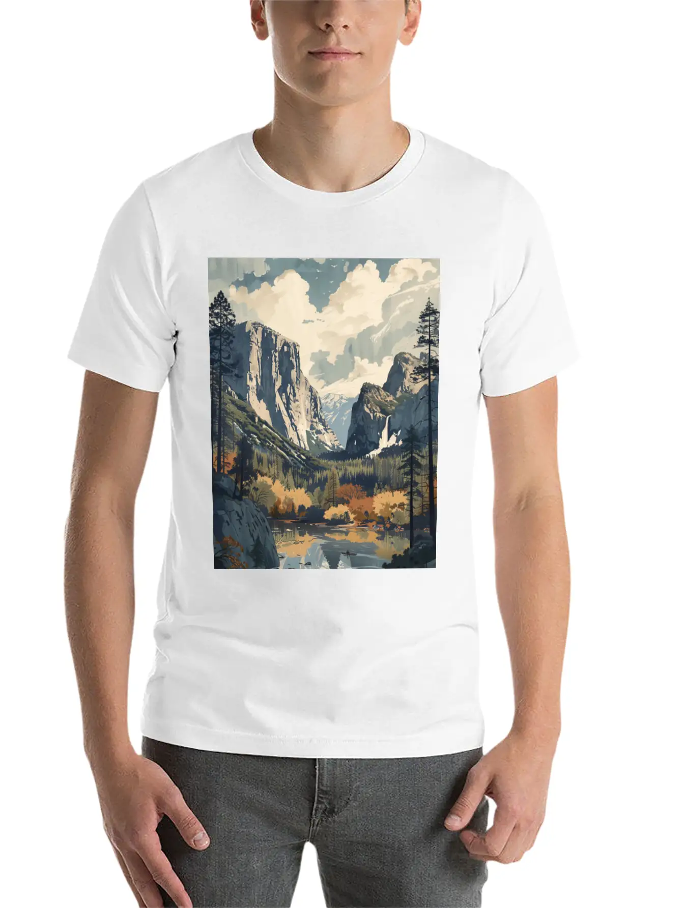 Yosemite National Park Painting Unisex Short Sleeve Soft Cotton T-Shirt – Casual Everyday Wear