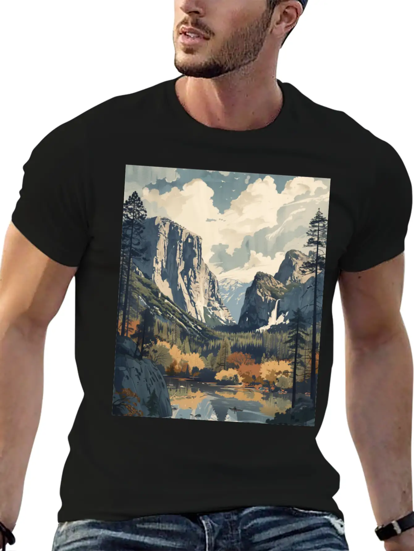 Yosemite National Park Painting Unisex Short Sleeve Soft Cotton T-Shirt – Casual Everyday Wear