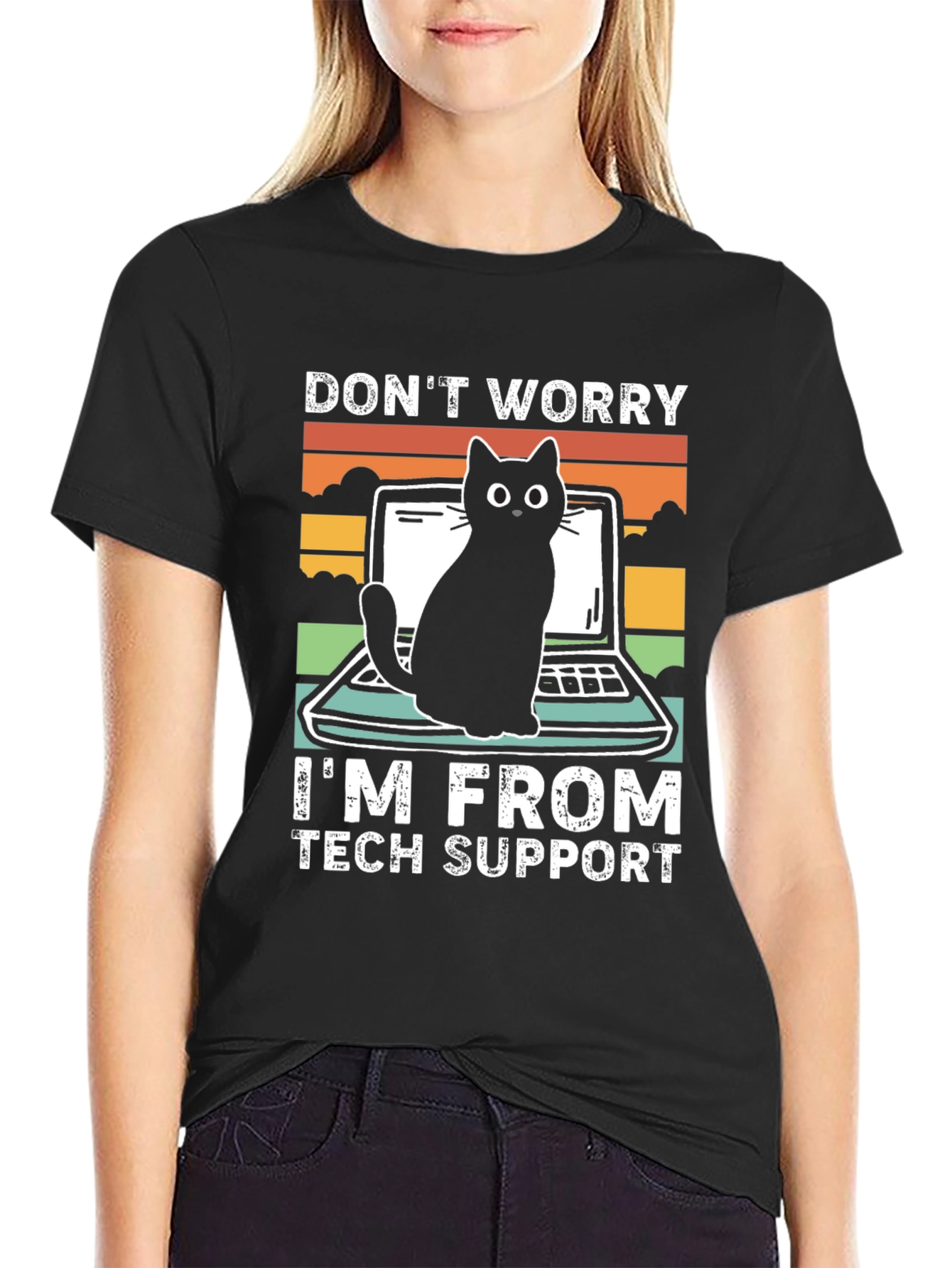 Tech Support Cat Graphic T-Shirt - Black