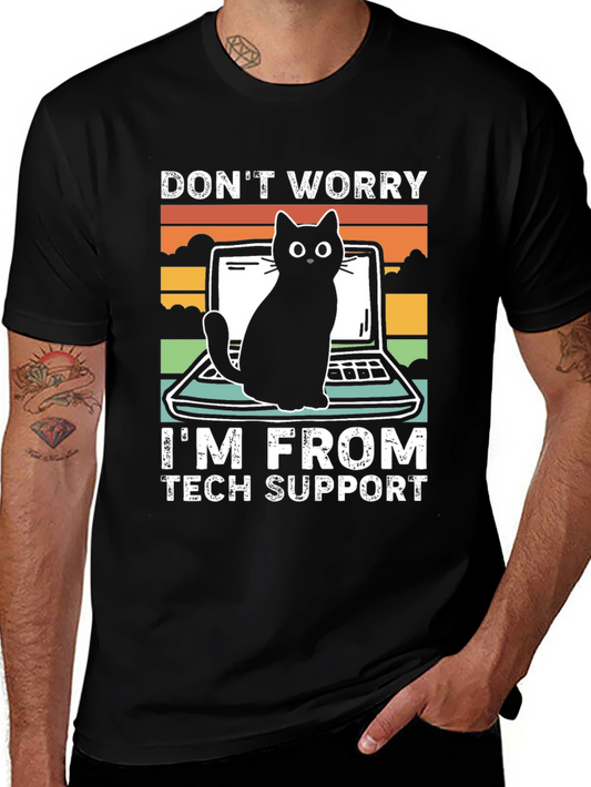 Tech Support Cat Graphic T-Shirt - Black
