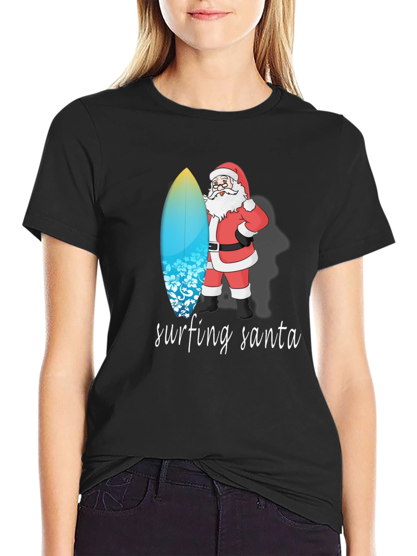 Surfing Santa Black Cotton Tee