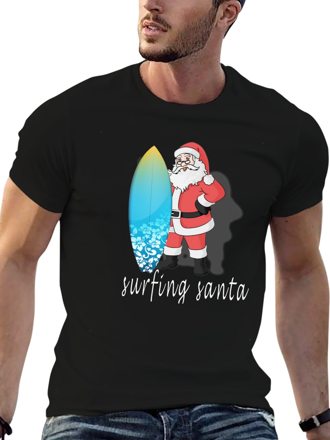 Surfing Santa Black Cotton Tee