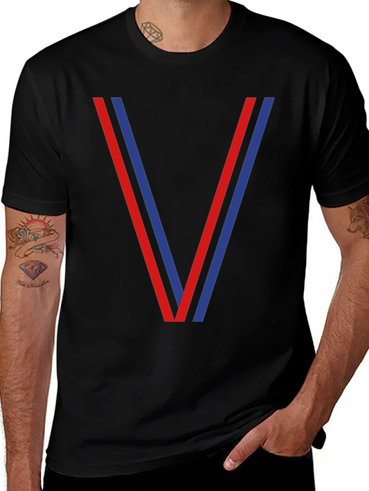 Mens Black T-Shirt with Red and Blue V Design
