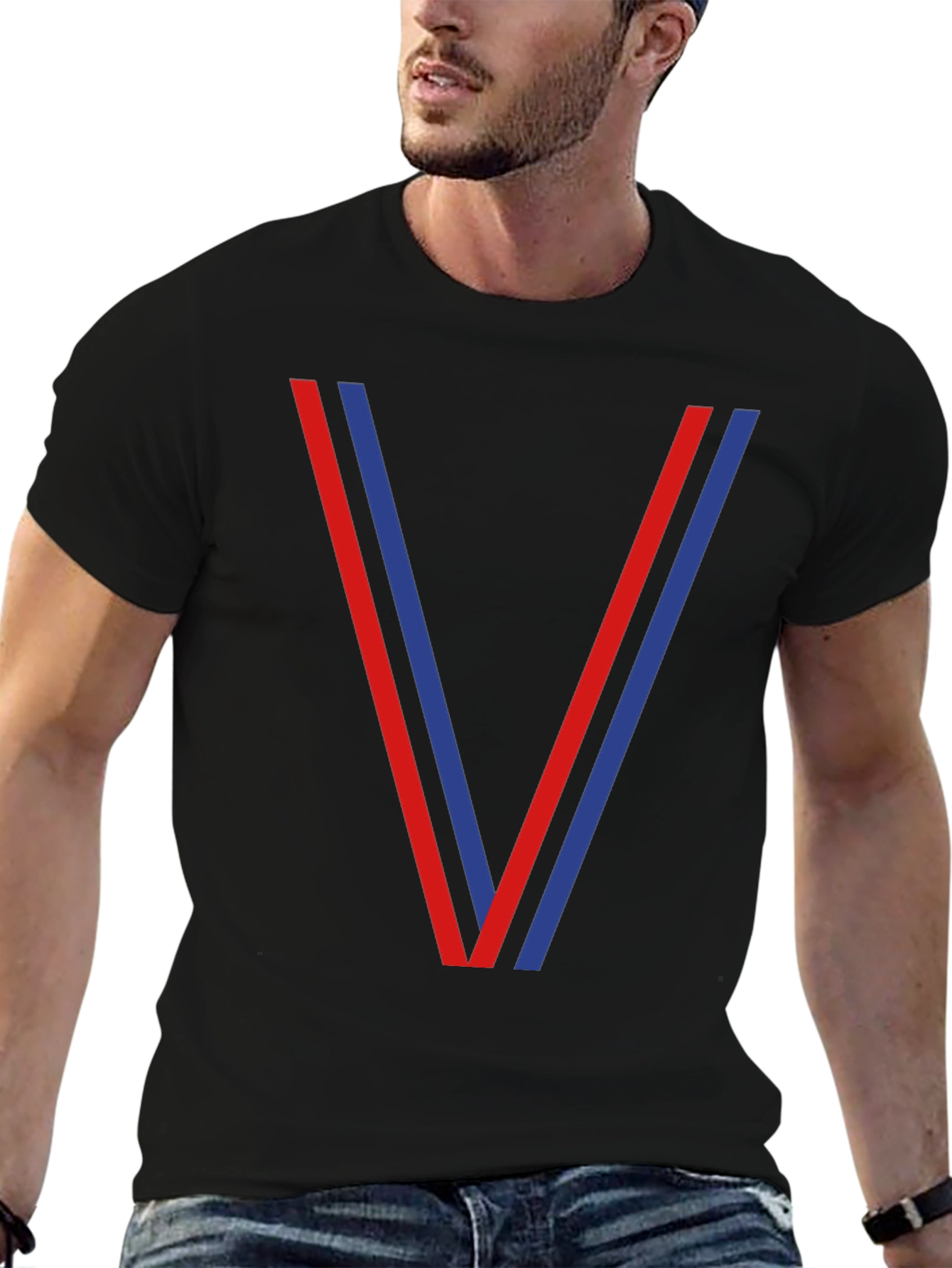 Mens Black T-Shirt with Red and Blue V Design