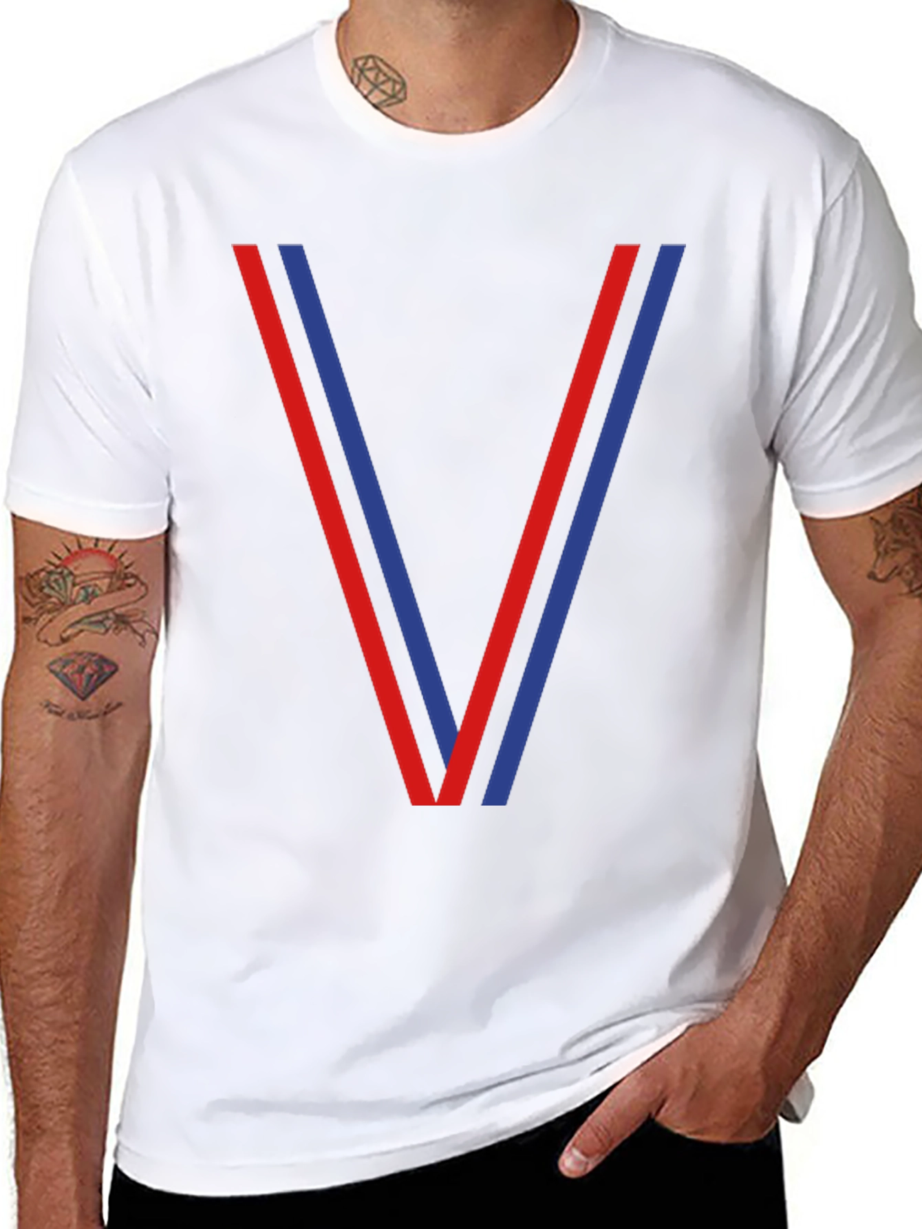 Mens Black T-Shirt with Red and Blue V Design