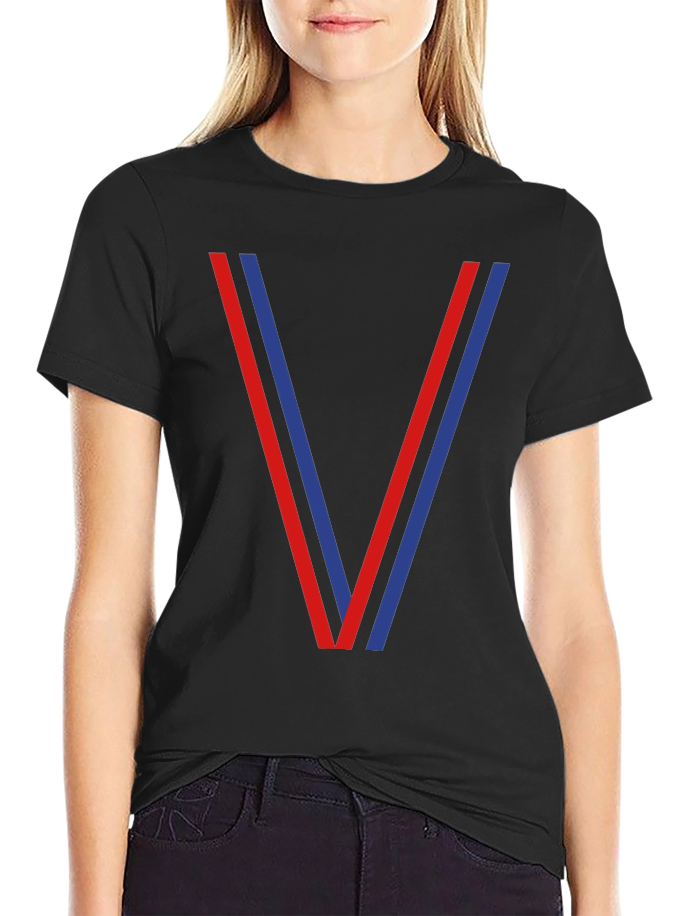 Mens Black T-Shirt with Red and Blue V Design