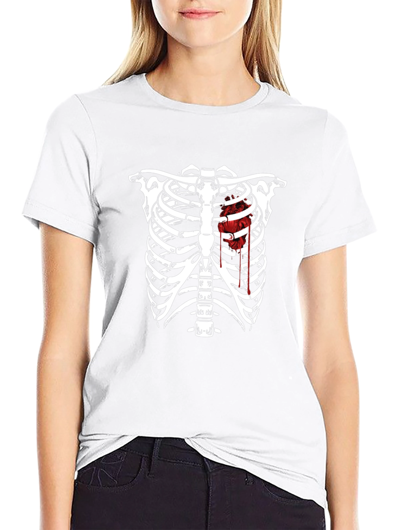 Skeleton Rib Cage Heart Graphic Tee - Black