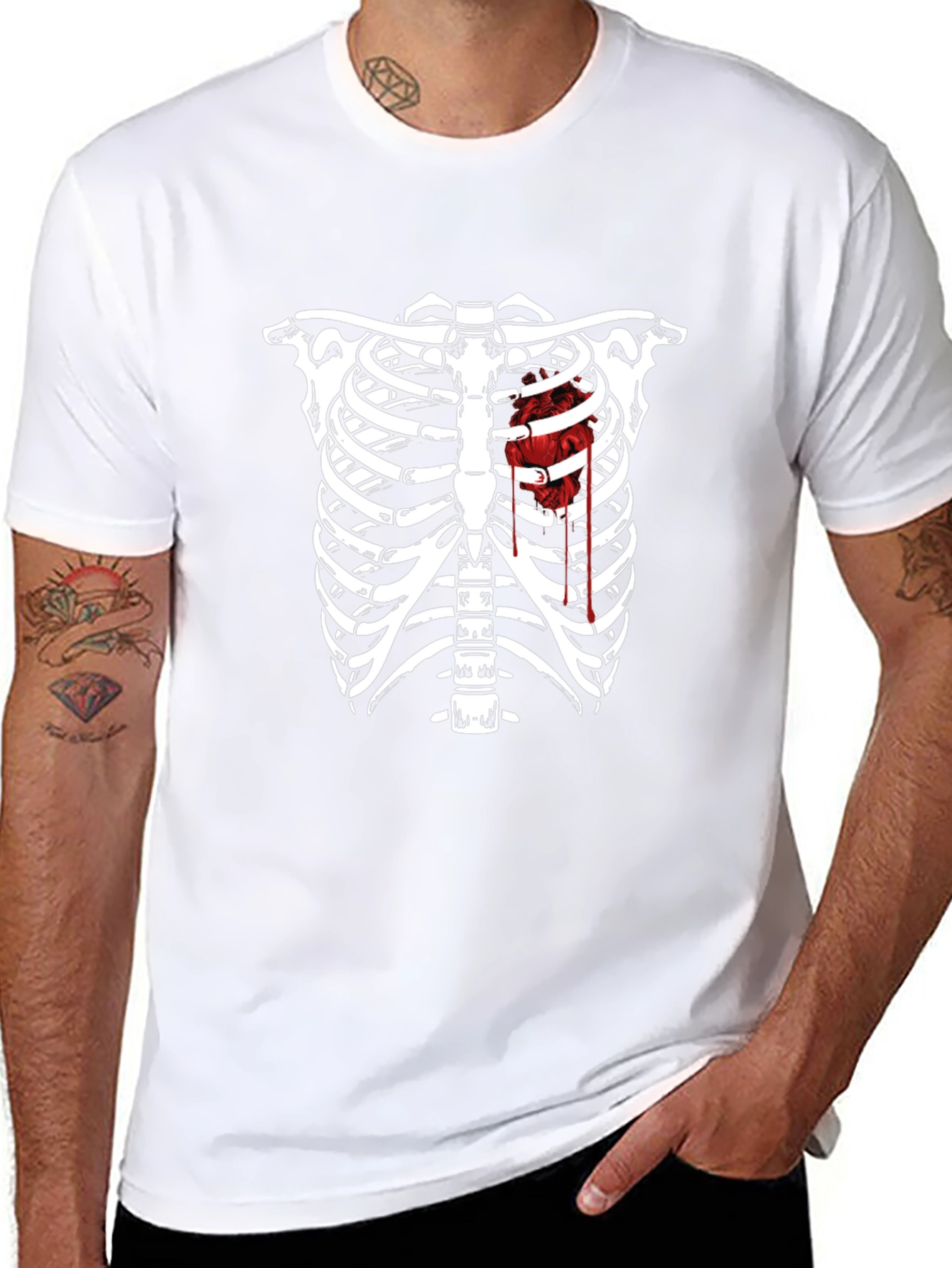 Skeleton Rib Cage Heart Graphic Tee - Black