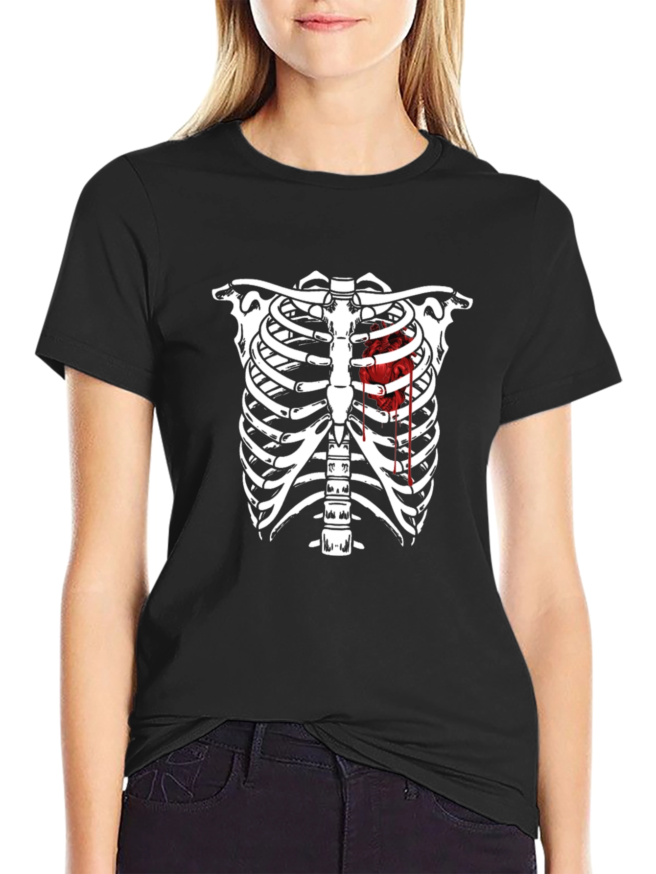 Skeleton Rib Cage Heart Graphic Tee - Black
