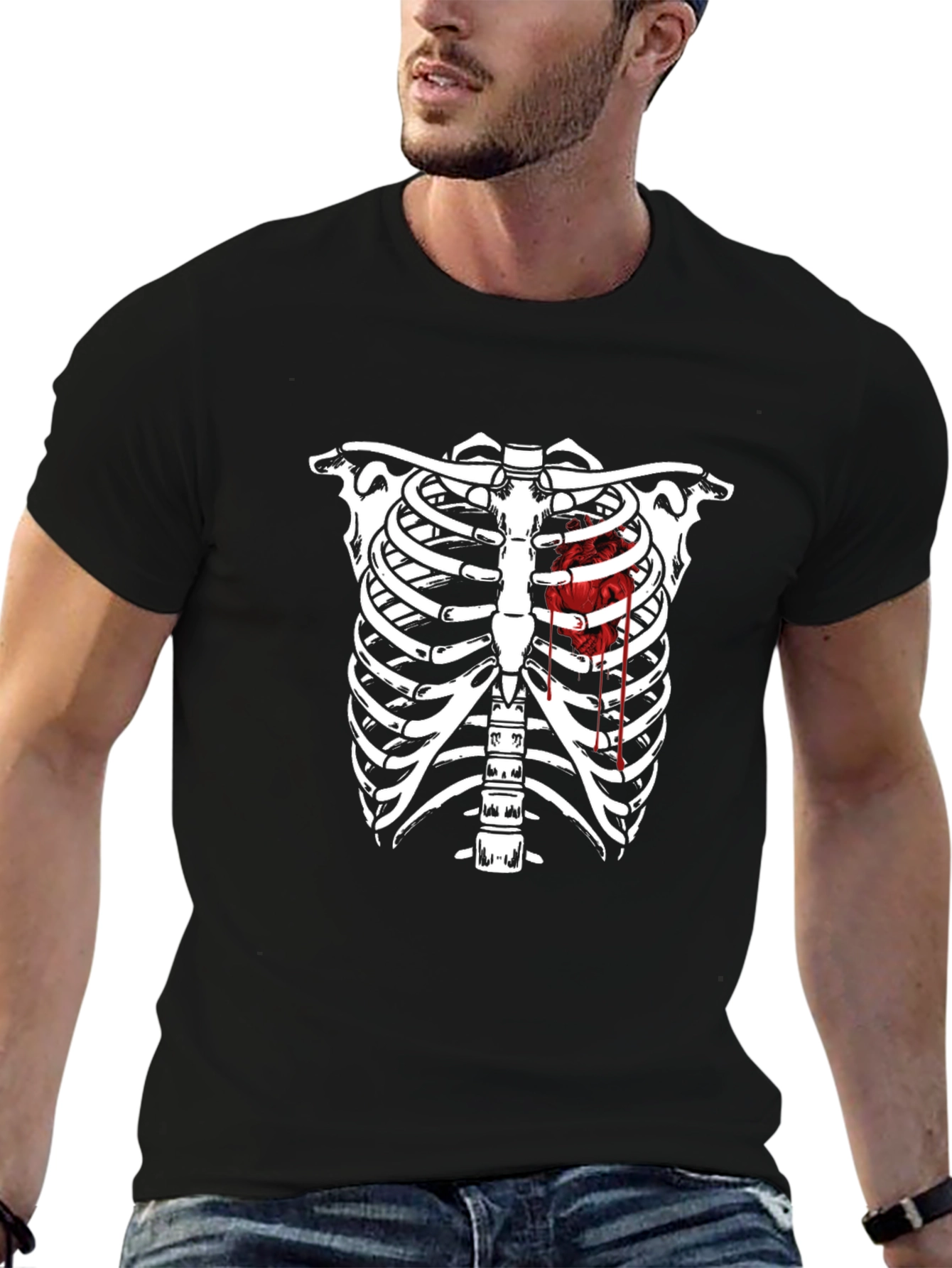 Skeleton Rib Cage Heart Graphic Tee - Black
