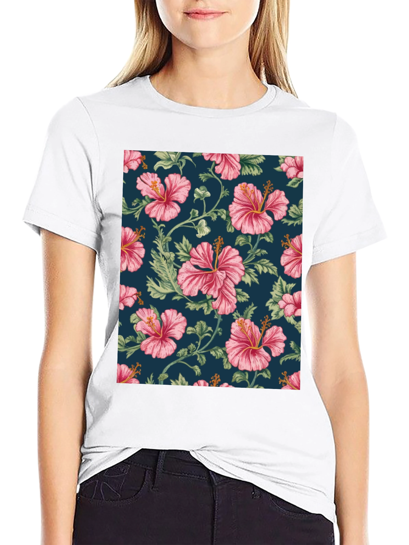 Floral Hibiscus Print Black T-Shirt