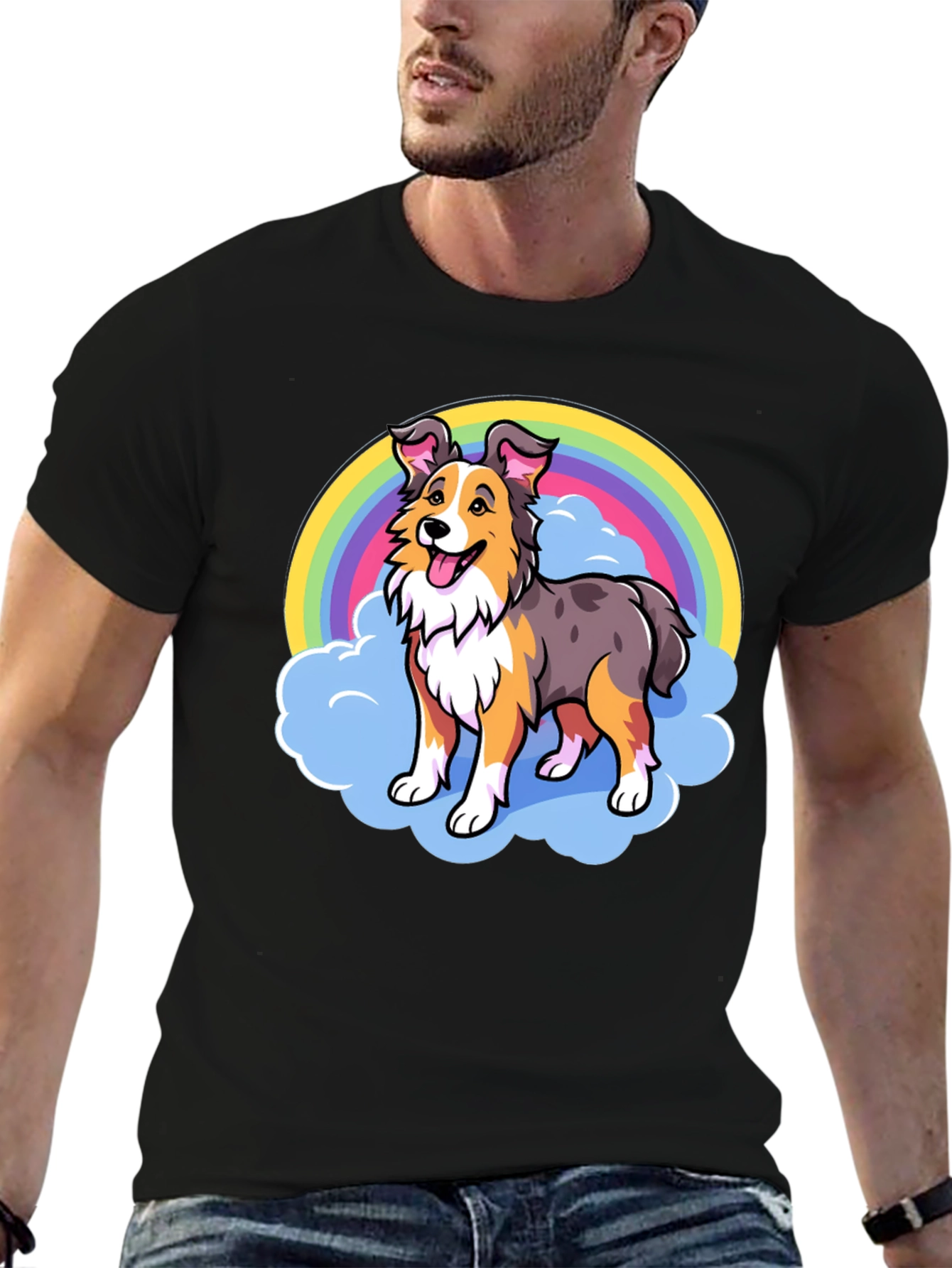 Cute Dog Rainbow Graphic Tee - Unisex Black T-Shirt