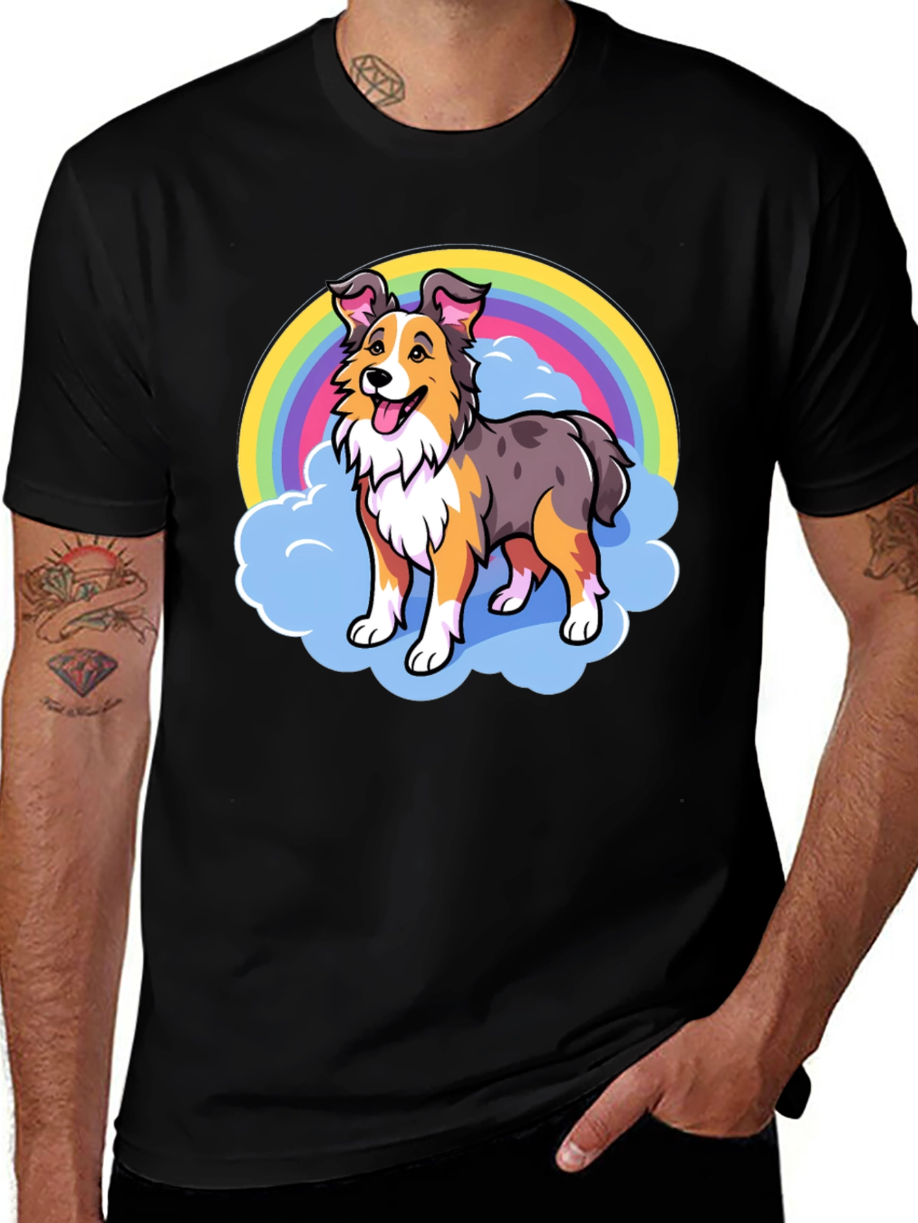 Cute Dog Rainbow Graphic Tee - Unisex Black T-Shirt