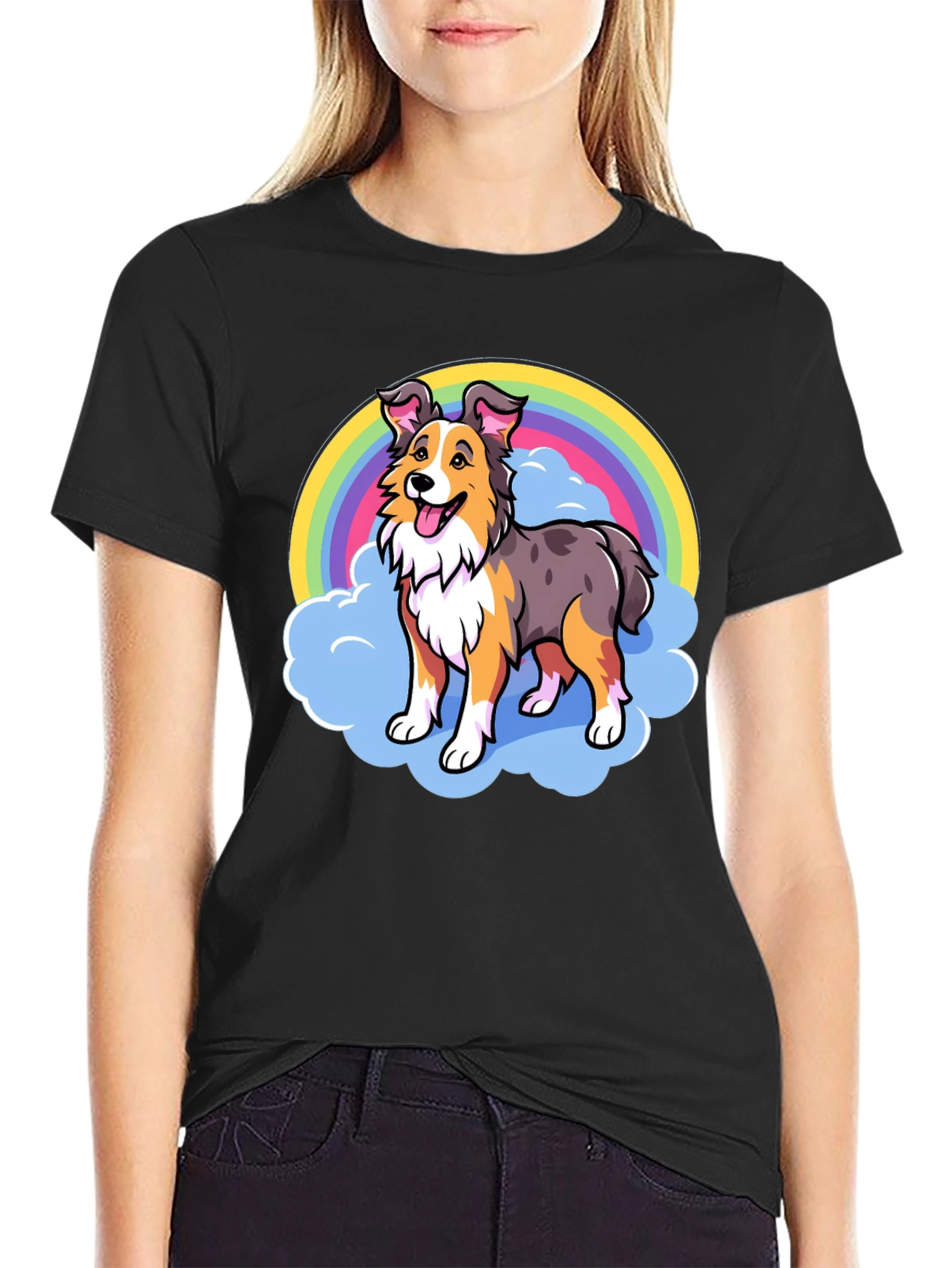 Cute Dog Rainbow Graphic Tee - Unisex Black T-Shirt