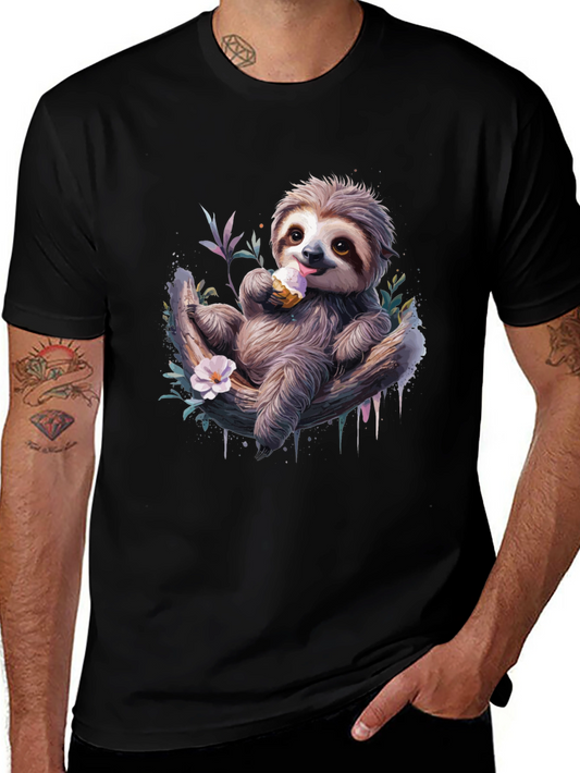 Sloth Ice Cream Graphic Tee - Soft Cotton Black T-Shirt
