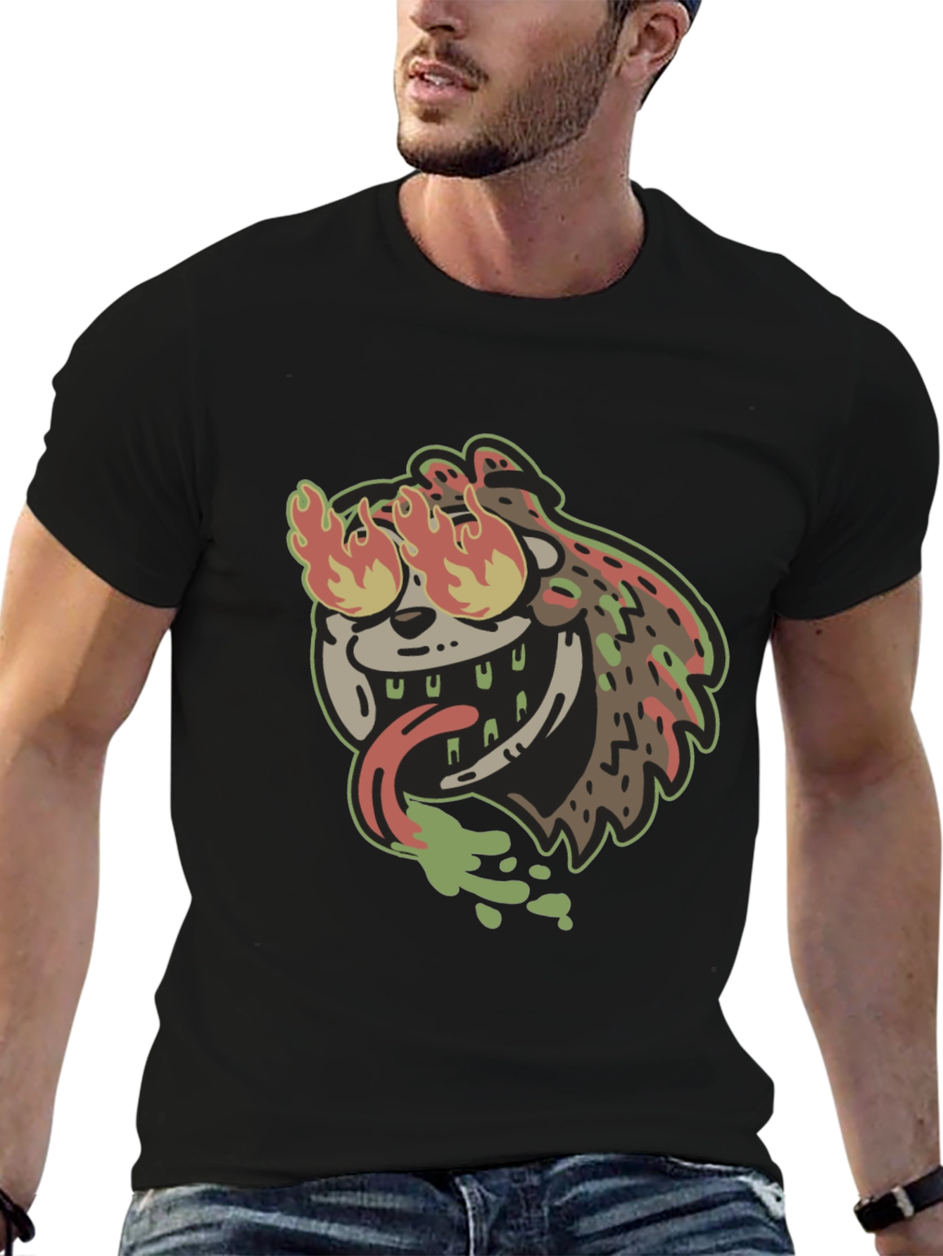 Fiery Cartoon Character Black T-Shirt