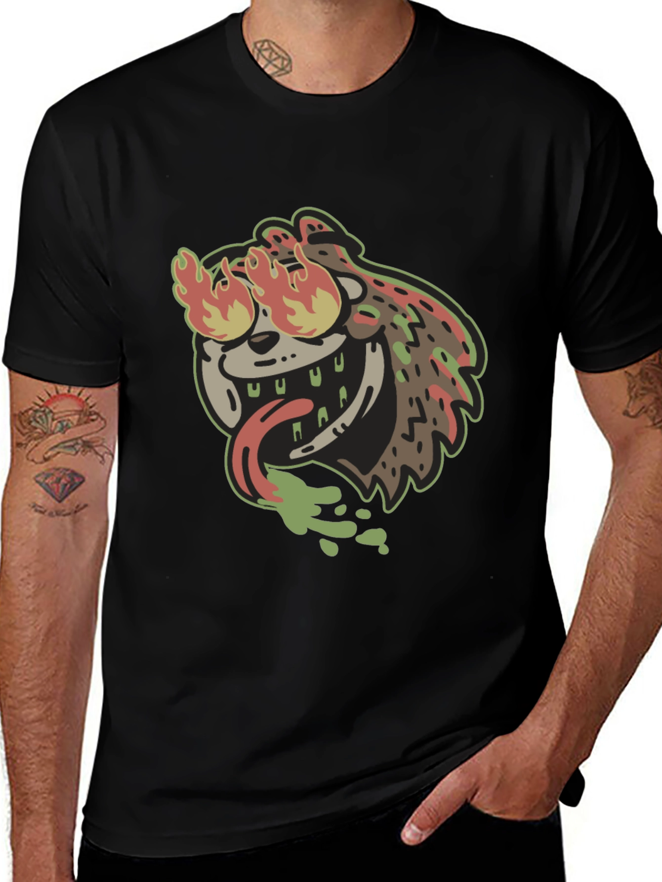 Fiery Cartoon Character Black T-Shirt